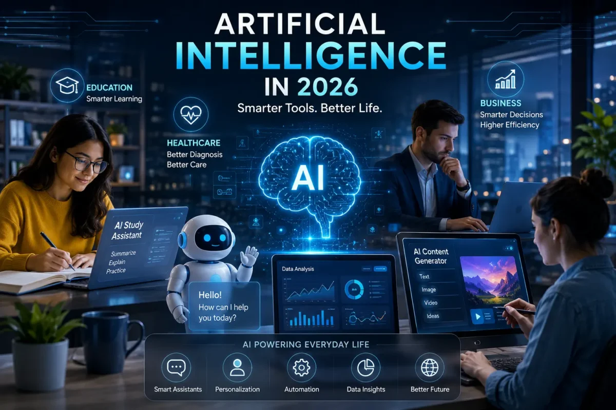 Artificial Intelligence in 2026 changing work, study, and daily life with digital tools and smart technology.